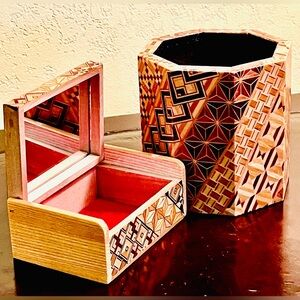 Japanese mosaic desk set pen cylinder & hinged case Intricate geometric patterns